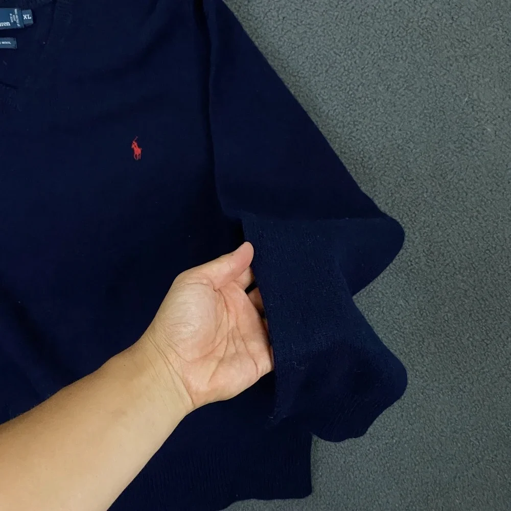 Vintage Polo Ralph Lauren Sweater Mens XL Blue Lambswool V-Neck Pullover Pony